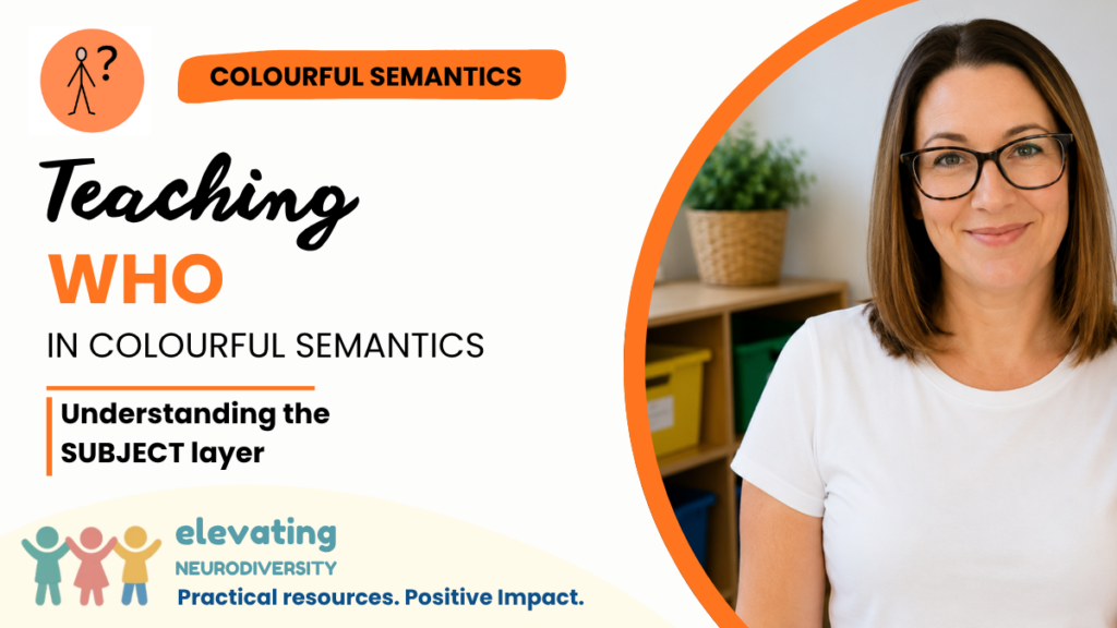 Teaching the WHO layer in Colourful Semantics to help autistic and neurodiverse learners understand the subject of a sentence.