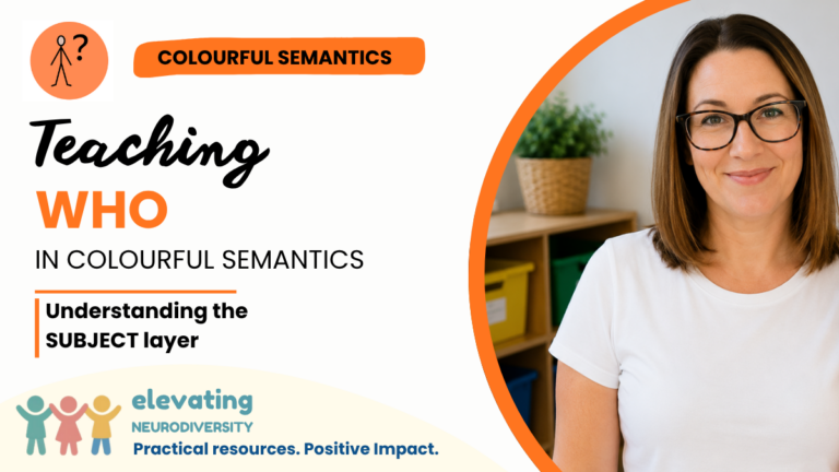 Teaching the WHO layer in Colourful Semantics to help autistic and neurodiverse learners understand the subject of a sentence.