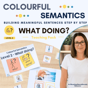 Colourful Semantics WHAT DOING teaching pack with visual action cards to help autistic and neurodiverse learners build sentences using verbs and actions.