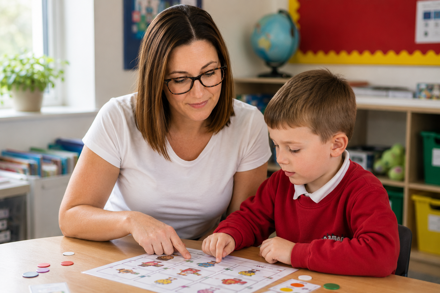 Teacher observing a learner during a Colourful Semantics assessment session.