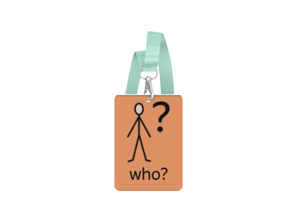 Teacher wearing Colourful Semantics symbols on a classroom lanyard to support sentence building.