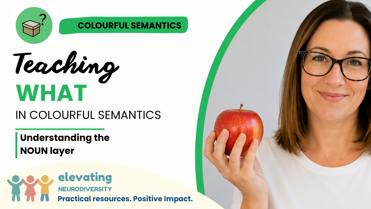Teaching the WHAT layer in Colourful Semantics using an apple to support sentence building.
