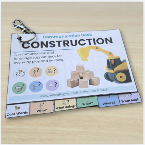 Construction Play Communication Book with Colourful Semantics communication tabs and construction-themed visuals