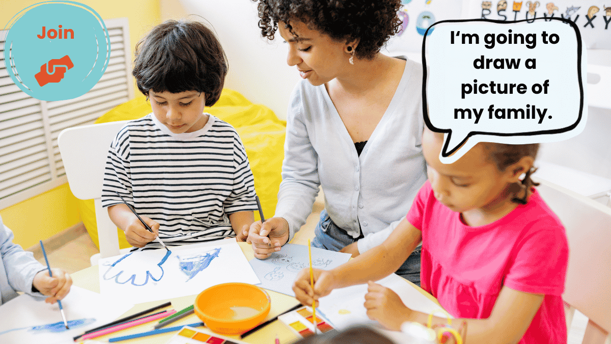 Teacher joining autistic learners in a shared drawing activity while modelling language through participation.