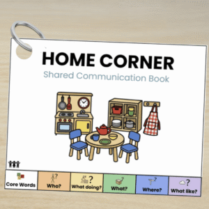 Home Corner Shared Communication Book with Colourful Semantics tabs for Core Words, WHO, WHAT DOING, WHAT, WHERE and WHAT LIKE?