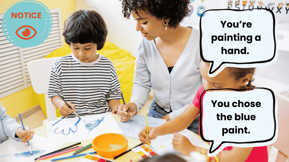 Teacher modelling language during a painting activity with autistic learners using descriptive comments rather than questions.