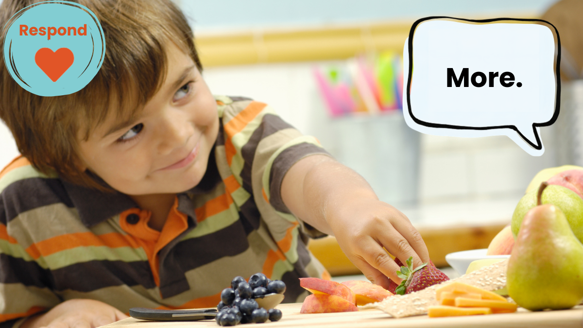 Teacher responding to an autistic learner's communication during a food activity by modelling the word “more”.