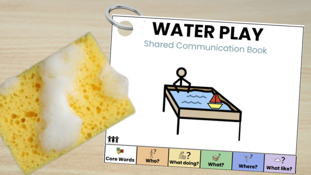 Water Play Shared Communication Book with visual communication prompts for everyday water play.